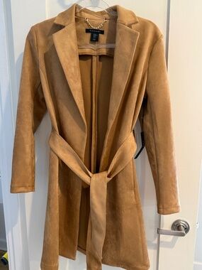 Tahari Tan Faux Suede Belted Coat Lightweight Jacket Size XS, NWT